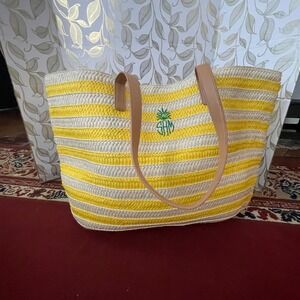 NWOT MARK & GRAHAM YELLOW  STRIPED‎ STRAW TASSEL TOTE W/ "SHM" Monogram
